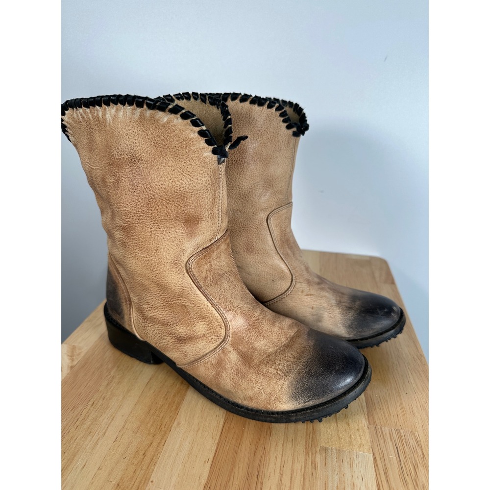 Diesel Distressed Tan Leather Whipstitch Pull On Mid Calf Moto Boots Size 8.5-9
